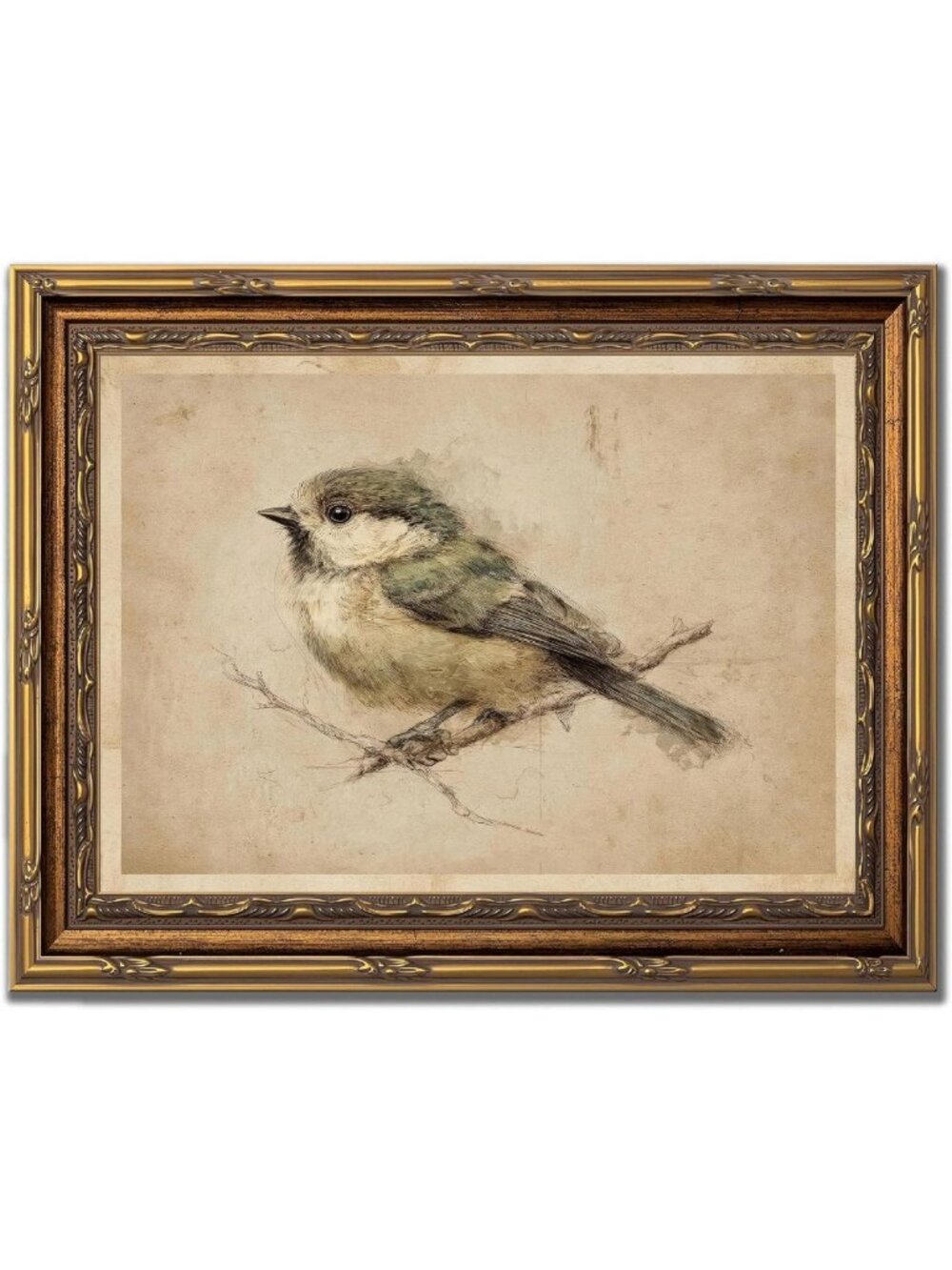 Rustic Vintage Chickadee Bird Wall Art - Nature Sketch Canvas Print for